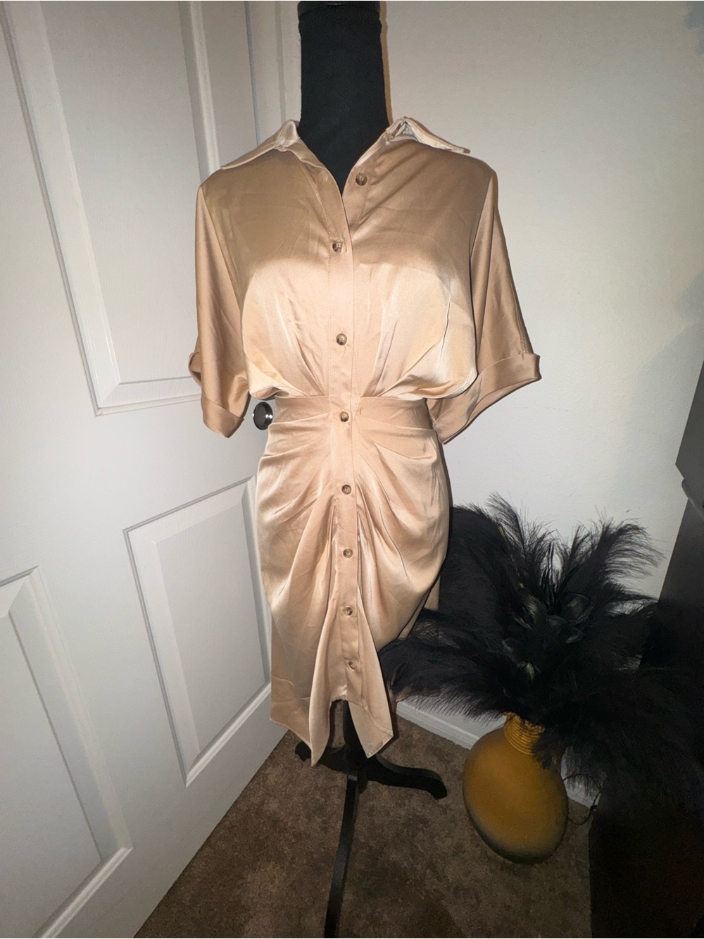 Blush Satin Ruched Button-Front Midi Dress in Champagne